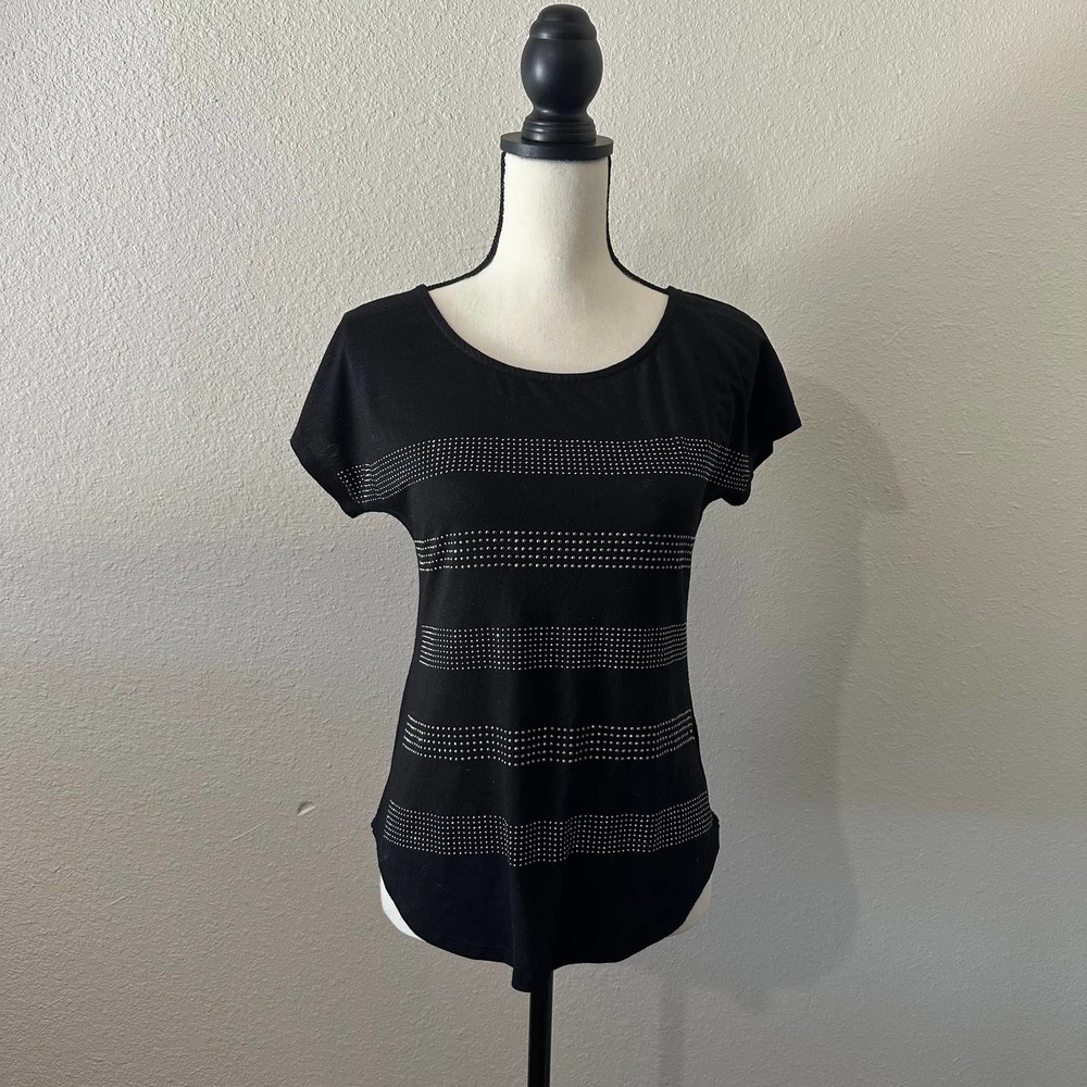 Apt. 9  Women's  Petite Small (PS) Black Accent Striped Rhinestone Basic Top